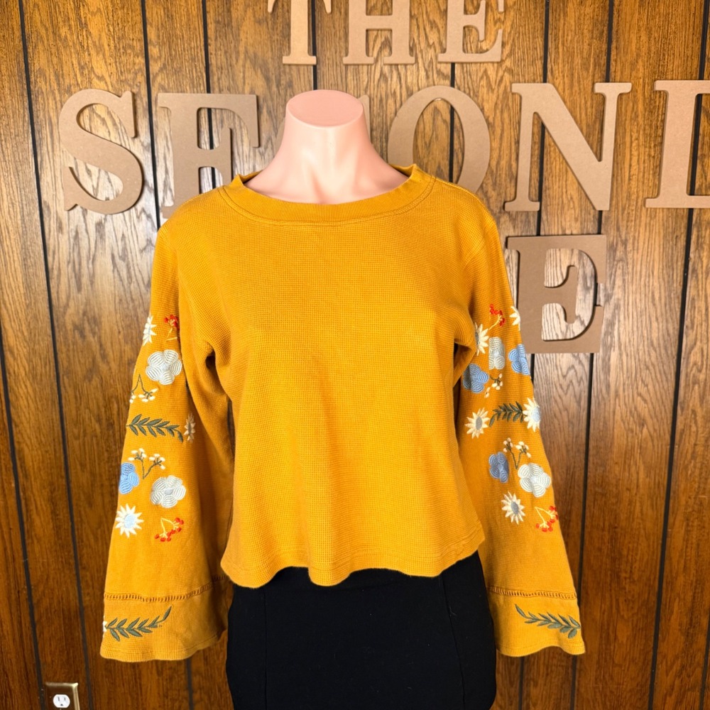 Peck & Libby Waffle Knit Top Women S Yellow Boho Floral Embroidered Bell Sleeve